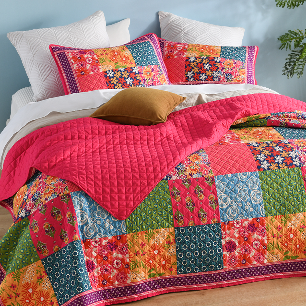 Vintage floral plaid bedspread set lightweight soft polyester memory foam fill includes pillowcases TEXSTEAD