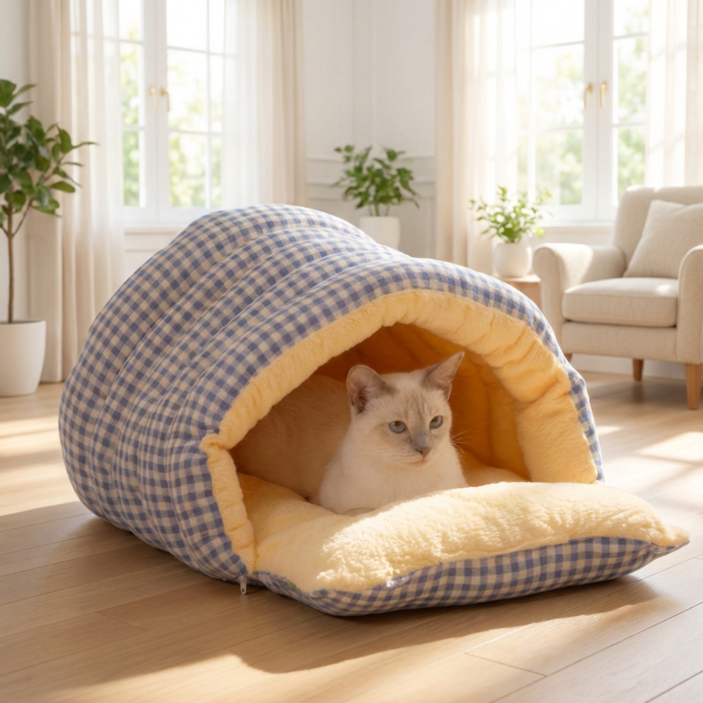 Convertible Plush Cat Bed with Zipper & Snap Buttons