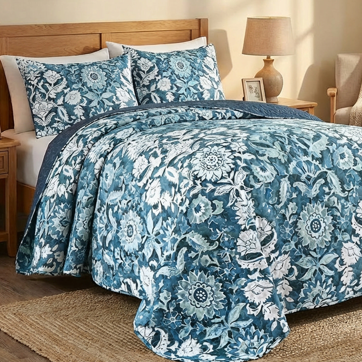 Blue Floral Quilted Bedspread Soft Decorative Quilt for Bedroom