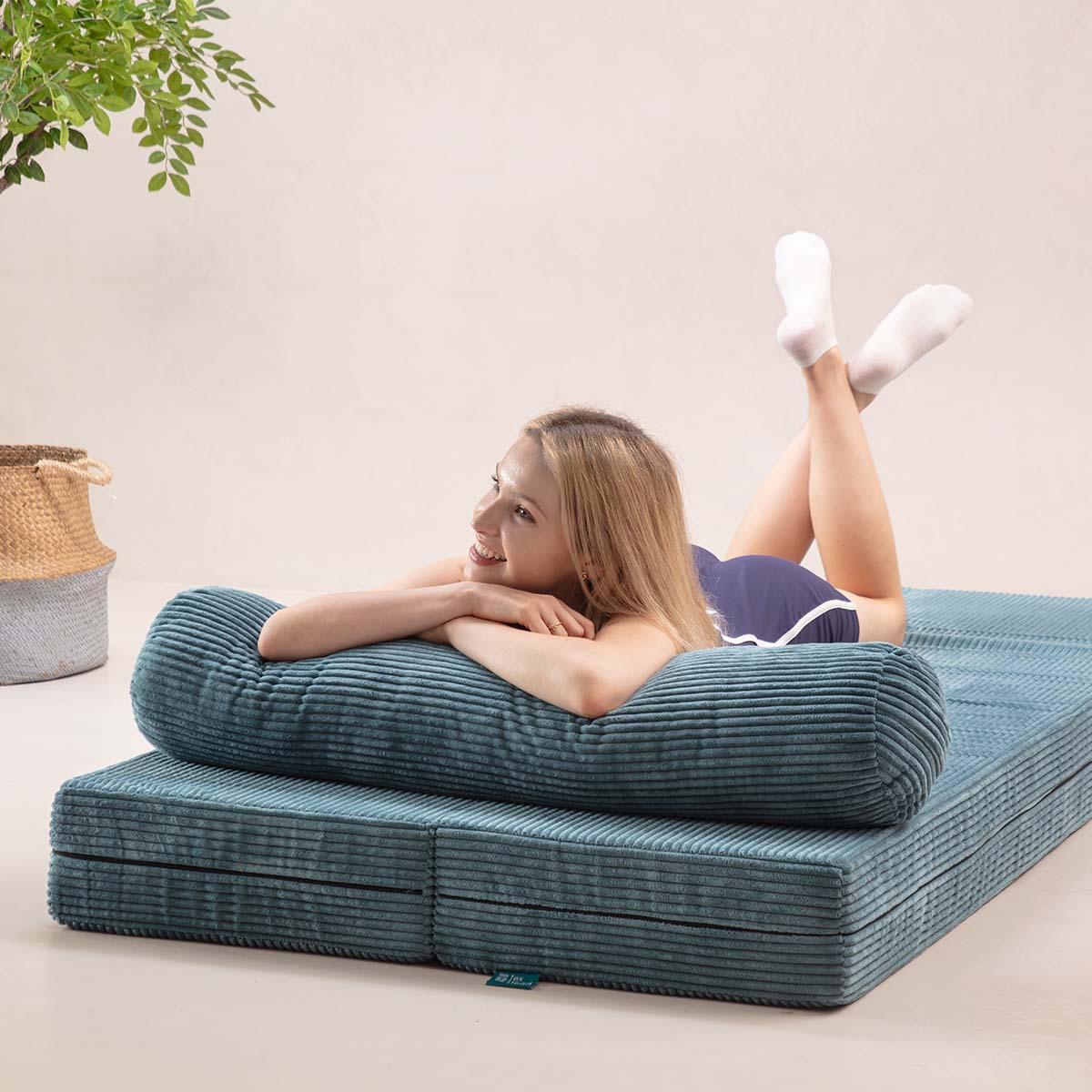 2-in-1 folding floor sofa bed curved sectional memory foam corduroy cover for small spaces TEXSTEAD