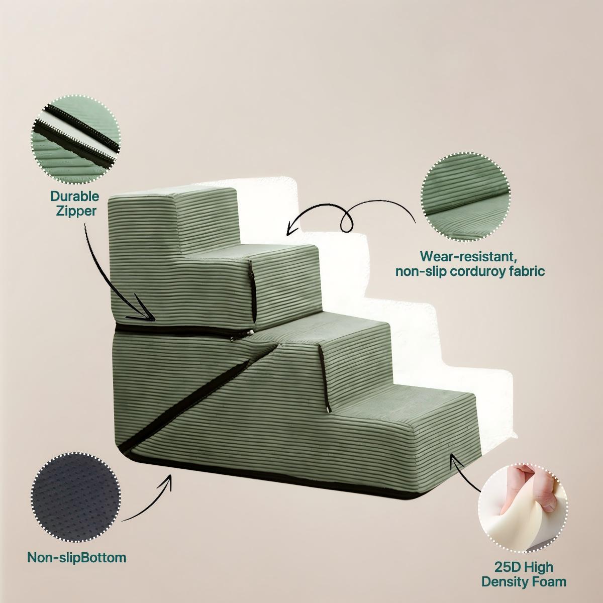 4-Step Foldable Pet Stairs for Dogs & Cats Convertible Flat-to-Step Foam Ladder for Bed & Sofa, Non-Slip, Washable Cover