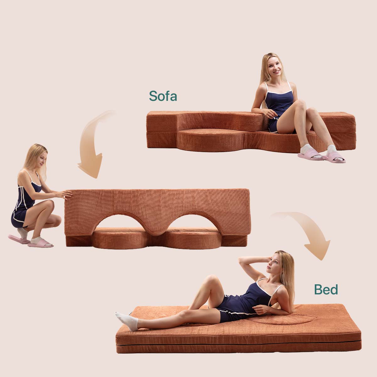 2-in-1 folding floor sofa bed curved sectional memory foam corduroy cover for small spaces TEXSTEAD