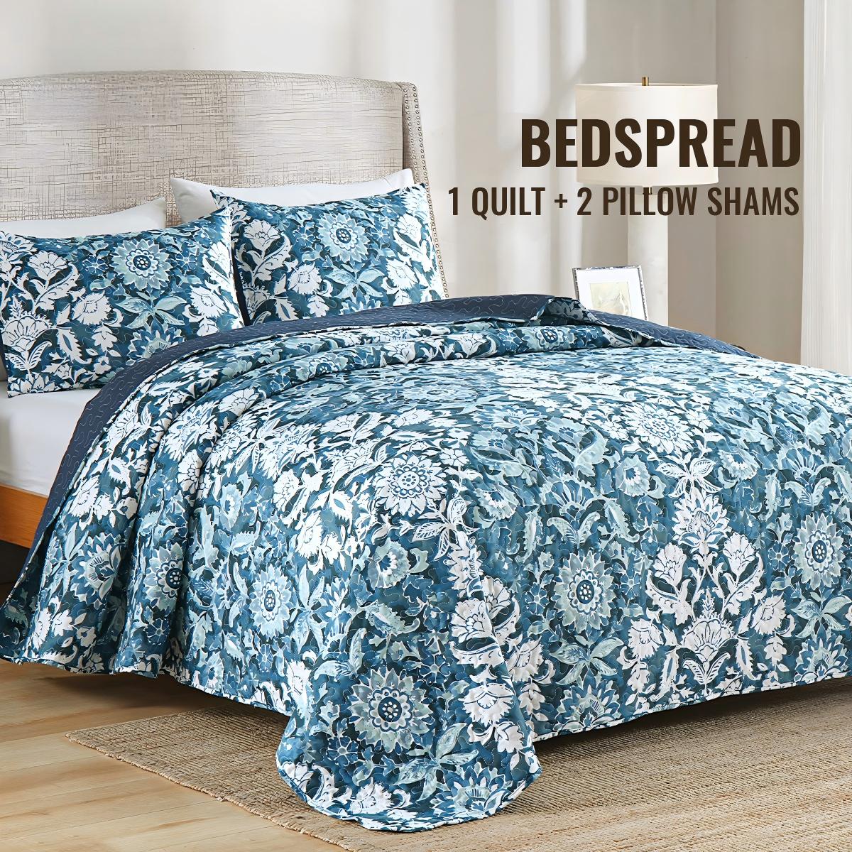 Blue Floral Quilted Bedspread Soft Decorative Quilt for Bedroom, Lightweight & Cozy Bedding Cover