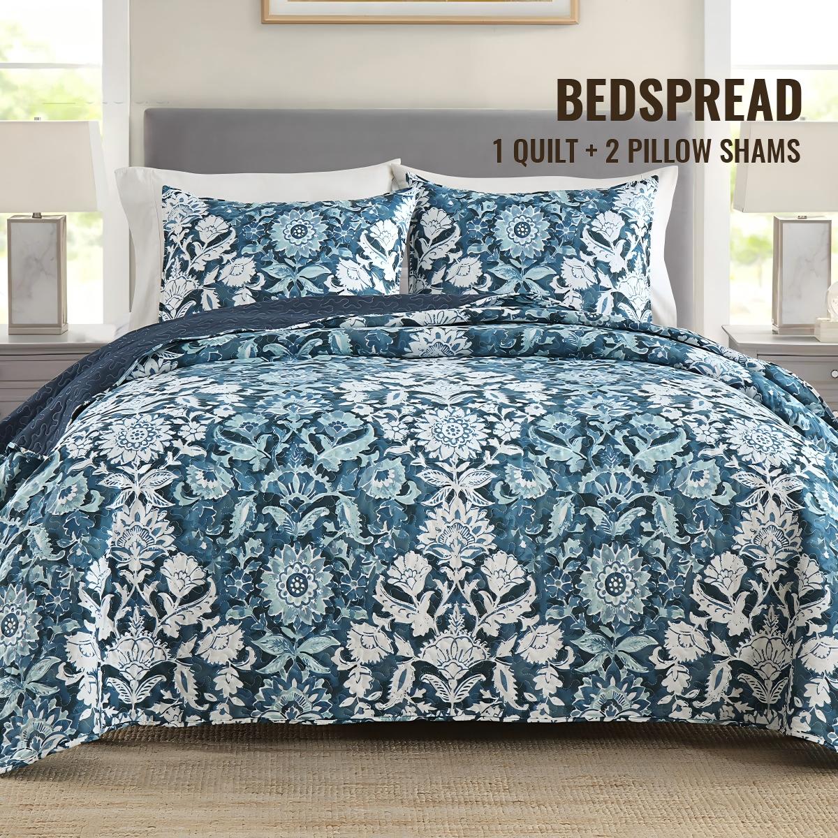 Blue Floral Quilted Bedspread Soft Decorative Quilt for Bedroom, Lightweight & Cozy Bedding Cover