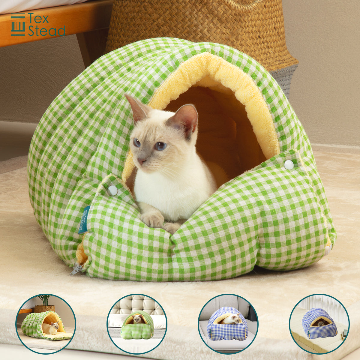 Convertible Plush Cat Bed with Zipper & Snap Buttons Foldable Warm Fleece Pet House for Cats & Small Pets