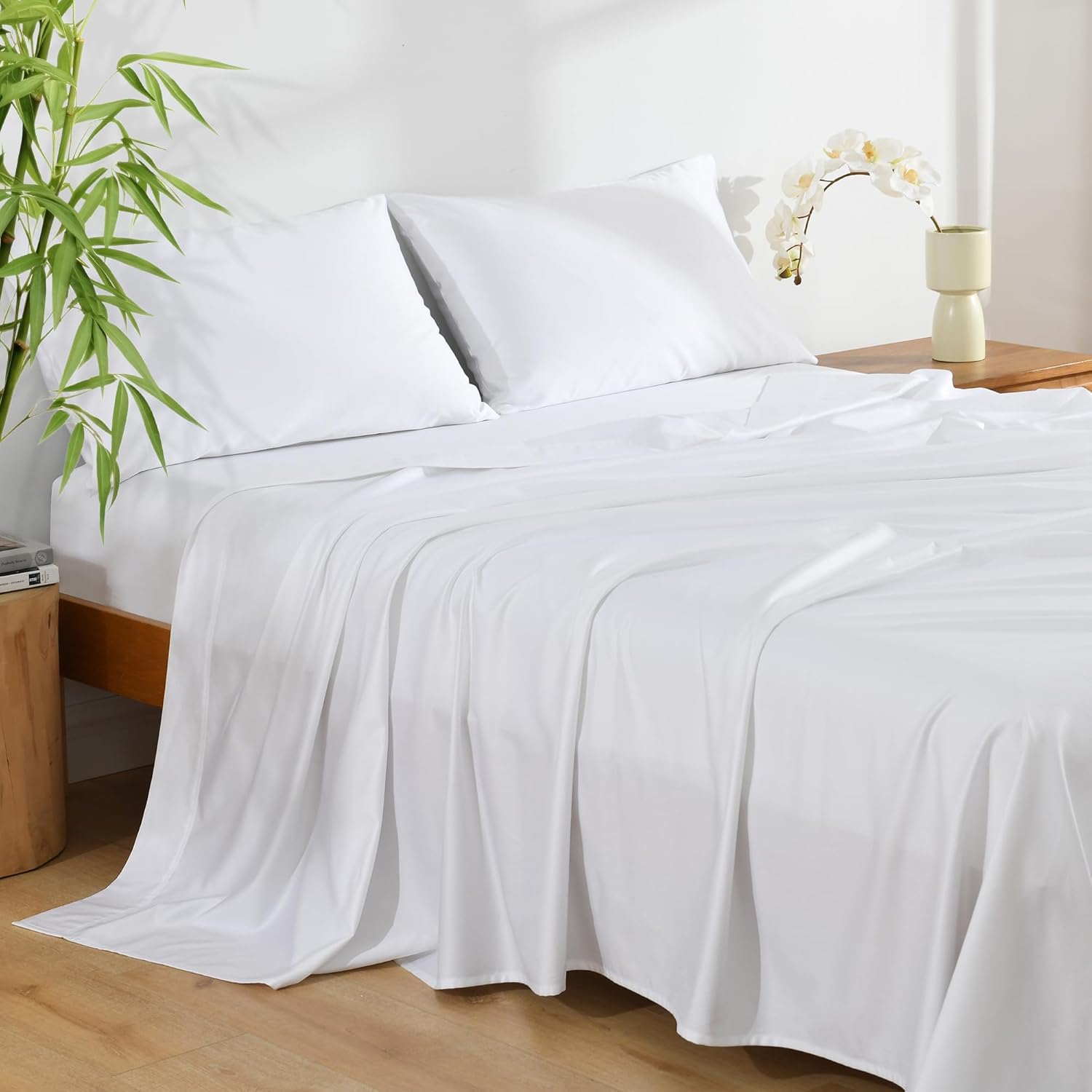 Arctic White Bed Sheets Set Rayon Derived from Bamboo & Organic Cotton Blend, Silky Soft Cooling Sheets with Deep Pockets, Hotel Luxury Bedding Sheets & Pillowcases