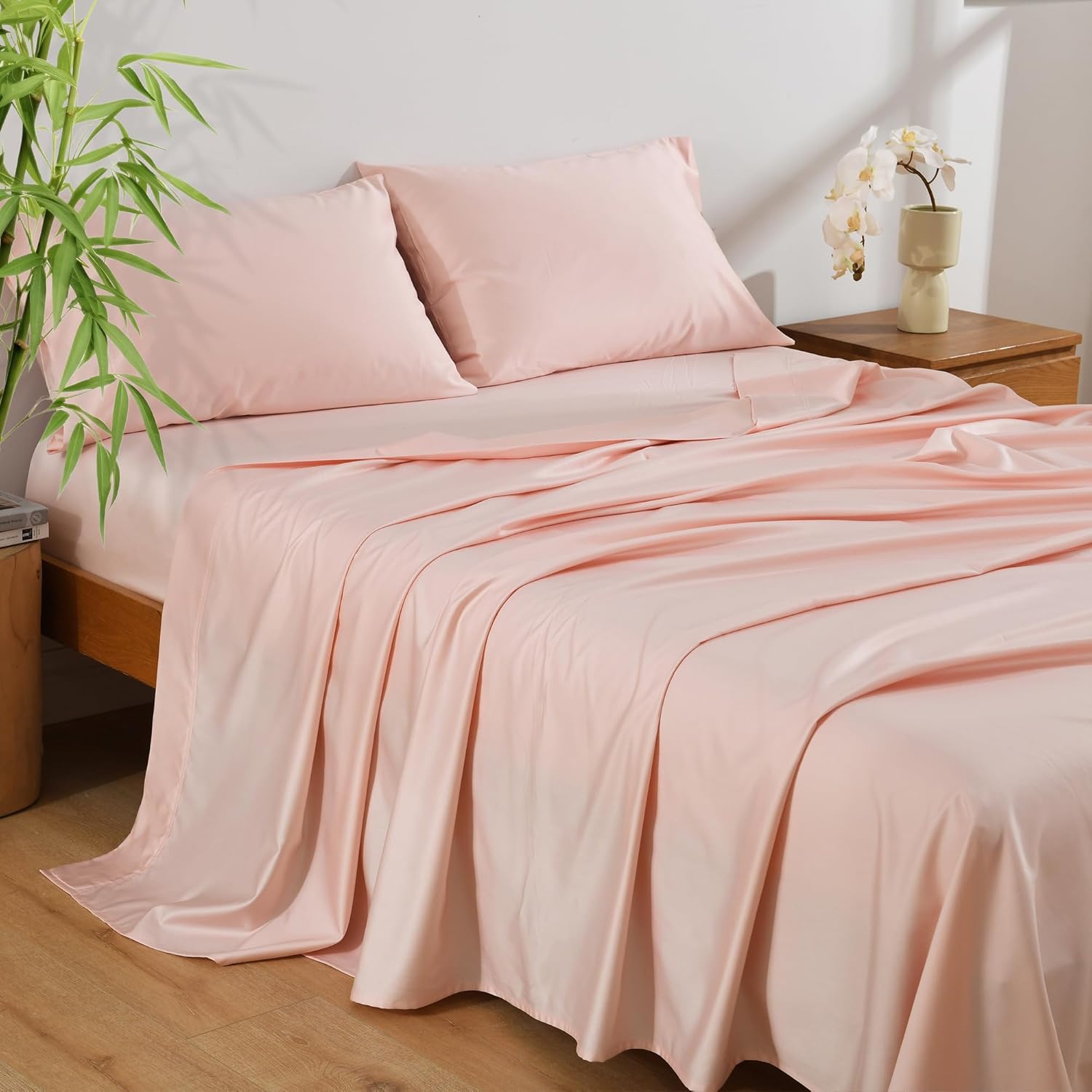 Lilac Pink Bed Sheets Set Rayon Derived from Bamboo & Organic Cotton Blend, Silky Soft Cooling Sheets with Deep Pockets Hotel Luxury Bedding Sheets & Pillowcases