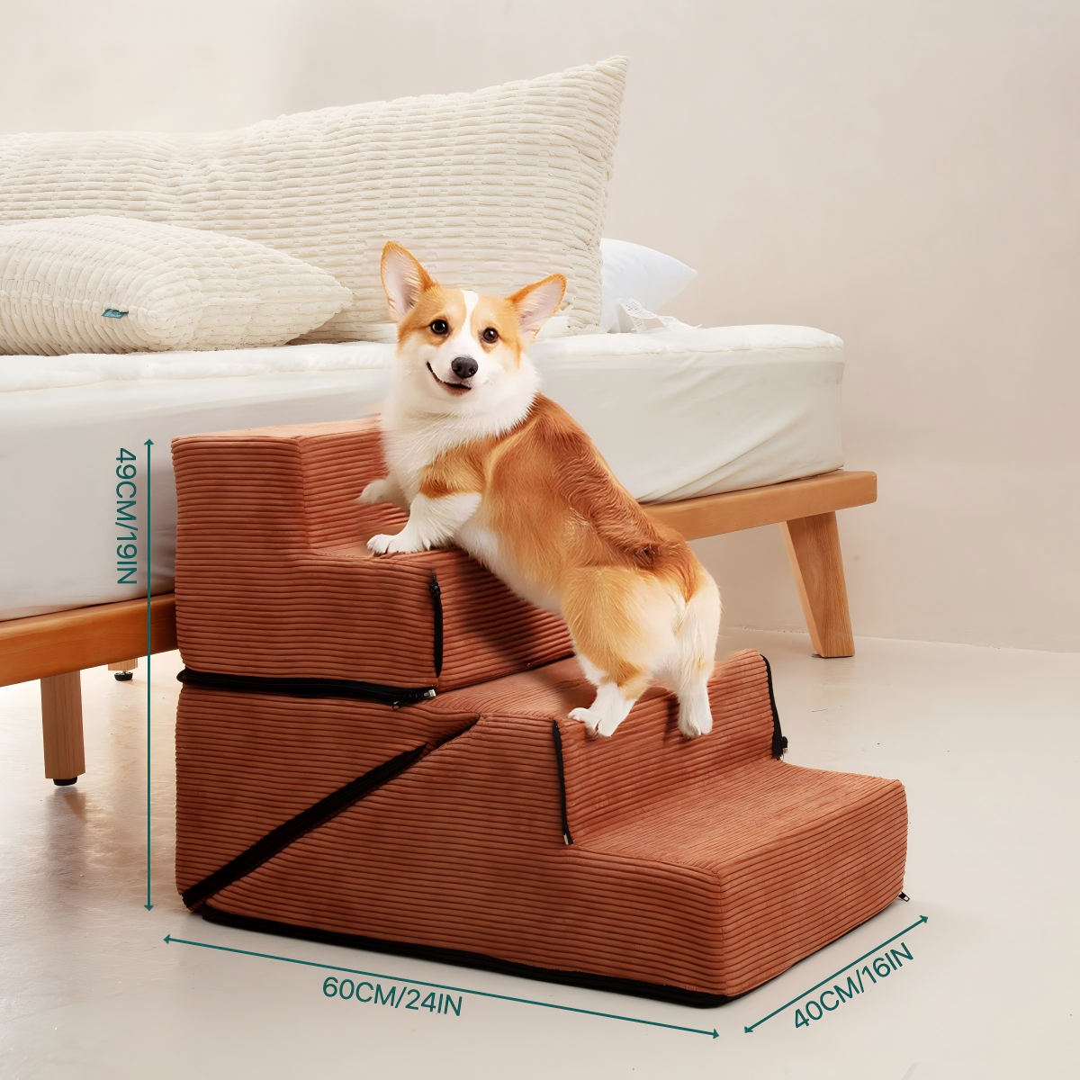4-Step Foldable Pet Stairs for Dogs & Cats Convertible Flat-to-Step Foam Ladder for Bed & Sofa, Non-Slip, Washable Cover